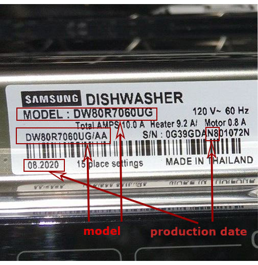 Numéro de modèle, numéro de série et date de production sur l'étiquette du lave-vaisselle.